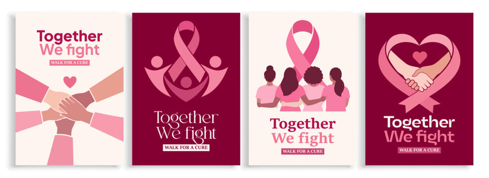Breast cancer awareness posters set with together we fight theme, featuring pink ribbons, diverse hands, and groups of women symbolizing unity, support, and the quest for a cure