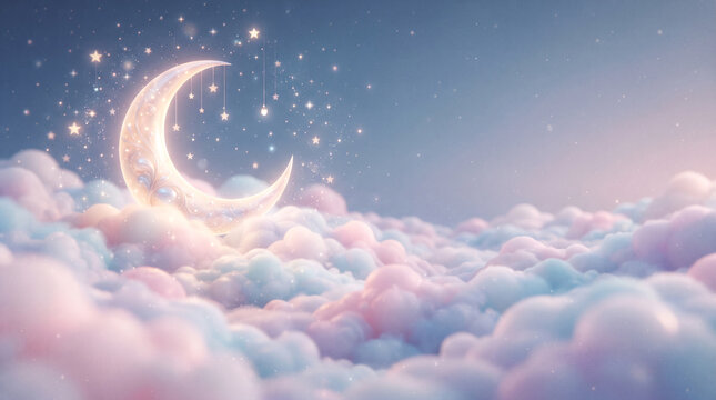Dreamy crescent moon hanging with stars over pastel clouds at night