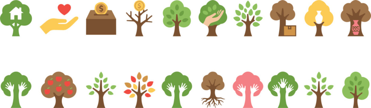 Environmental charity and nature growth icon set featuring trees heart hand money box apple leaves flat vector concept.eps