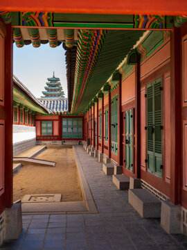 View of the traditional architecture and ornate wooden eaves of Gyeongbokgung Palace in Seoul, Seoul, South Korea.
