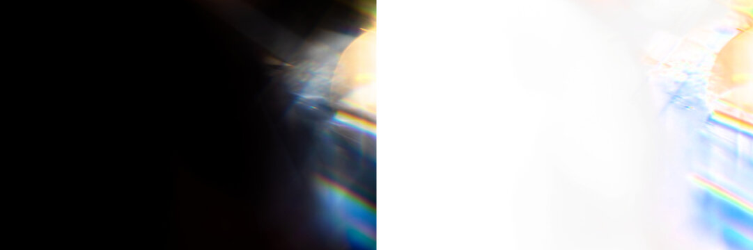 Prismatic amber and blue light refraction, with a transparent PNG version and a black background preview. Suits an overlay, retouching and mockup scene creation for a natural optical look.