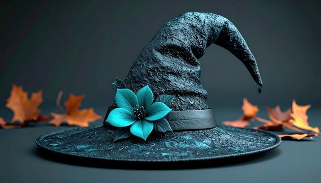 Gray witch hat with teal flower 3D Illustration on a dark autumn background