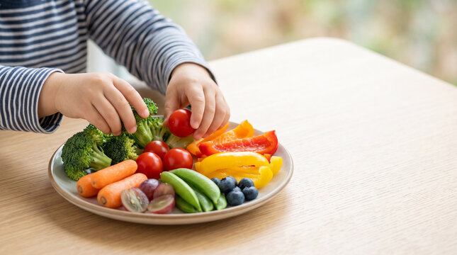 Colorful plate of fresh vegetables and fruits for balanced diet and healthy nutrition for children