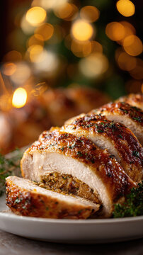 Golden-brown roasted turkey roll offering delicious slices of savory herb stuffing, ready for a festive holiday dinner celebration with family and friends