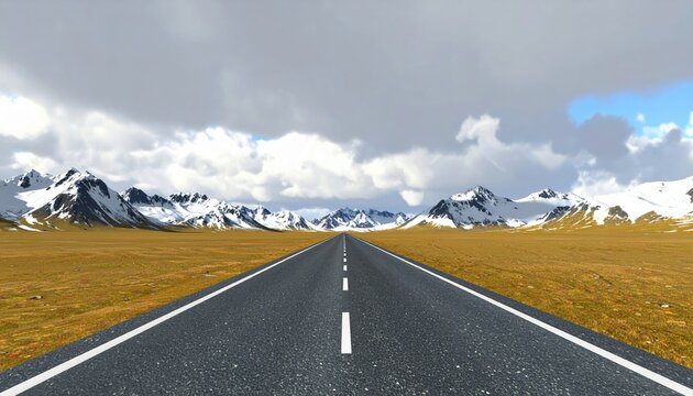 Endless road stretching across a golden landscape toward dramatic snow covered mountains beneath a cloudy sky, 3D Illustration.