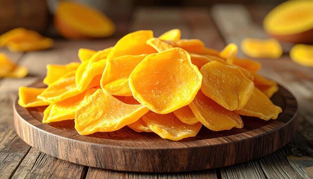 Dried mango slices 3D Illustration arranged on a rustic wooden plate in a warm tropical kitchen