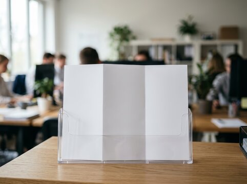 Blank triple panel brochure standing in clear holder on wooden desk