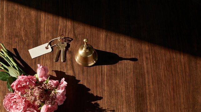 Hotel Room Keys with Brass Bell and Pink Roses