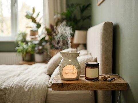 Ceramic aromatherapy diffuser emitting steam on a bedside table with plants