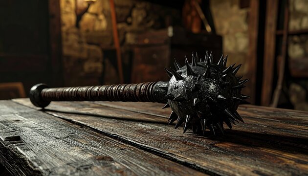 Medieval flail with spiked head 3D Illustration displayed on an aged wooden table inside a dim medieval castle armory