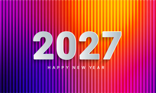 2027 new year bright banner. Paper numbers on ribbed fractal glass textured background with fluid neon colors. Perfect for flyers, web, banners, leaflets, postcards, calendar, posters. Vector