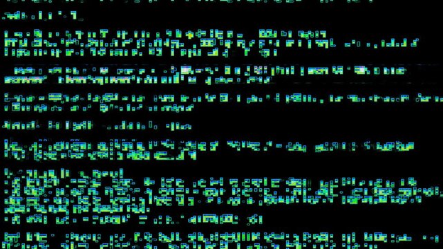 Abstract cyan and green pixel sorting glitch background with digital noise and scanline distortion scanning on a seamless loop. Pairs with Y2K and synthwave aesthetic for VJ loop and music video.