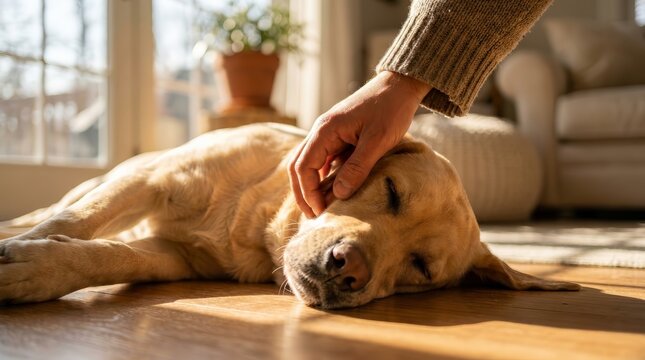 Close up of a human hand stroking the fur of a sleeping golden Labrador dog.