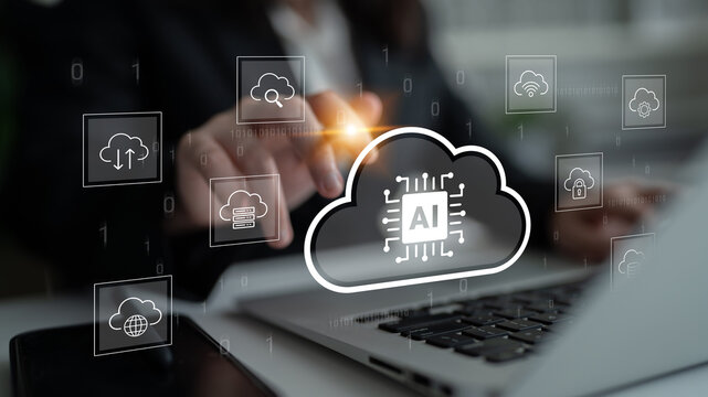 This image features a digital representation of cloud computing integrated with artificial intelligence, showcasing modern technology concepts and user interaction in a business setting. Cyphers
