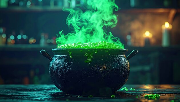 Cauldron filled with bubbling green liquid 3D Illustration on a spooky witch laboratory background