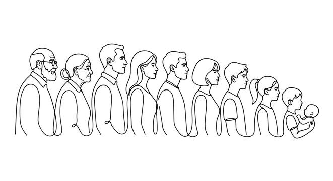 Generational Family Line Art, Diverse Ages, Life Stages, Human Silhouette Collection