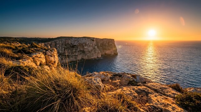 Sunset light bathing coastal cliffs and dry grass on a scenic bluff overlooking the ocean.