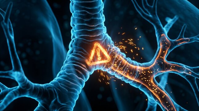 Human lungs 3D anatomy with emphasis on trachea and primary bronchi featuring a glowing warning icon.