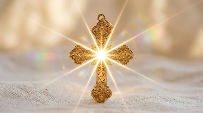An intricate gold cross necklace featuring a starburst reflection and chain loop.