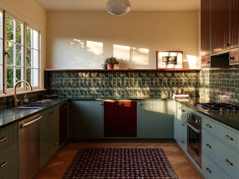 Compact u-shaped kitchen with deep teal cabinets, geometric tile backsplash, and warm daylight for property listings and home remodeling