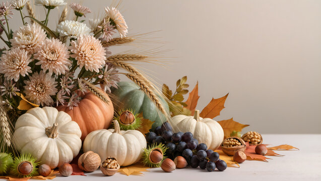 Autumn harvest food still life with pumpkins, grapes, wheat and flowers, copy space