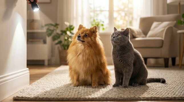 Cute fluffy dog and gray cat looking towards a bright torch beam near a window.