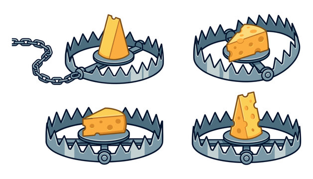 Mousetrap set vector illustration featuring steel teeth bear traps baited with yellow cheese slices isolated on background