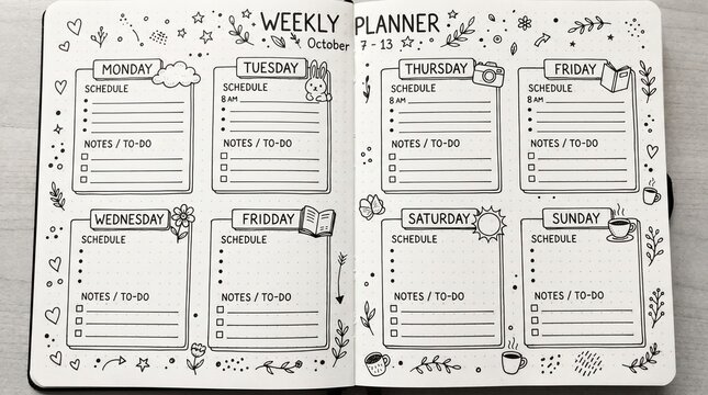 Hand drawn weekly planner page in a bullet journal with decorative doodles and organized daily task sections