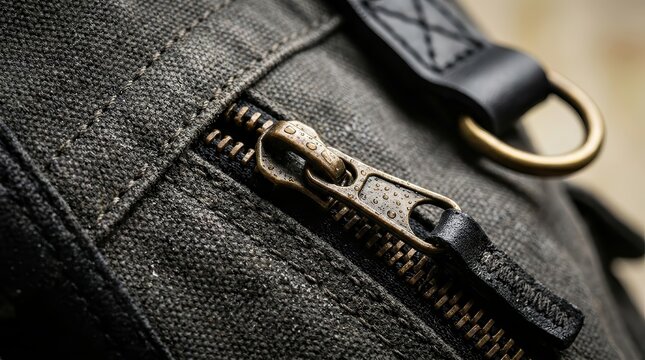 Detailed view of a durable canvas backpack with a metal zipper, D-ring, and wet fabric texture.