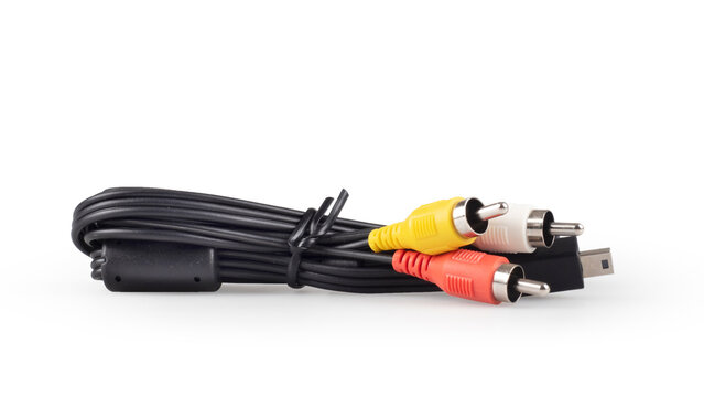 Black AV cable with red and yellow RCA connectors on white background