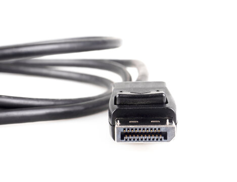 Black DVI video cable with connector, alternate angle, on white background