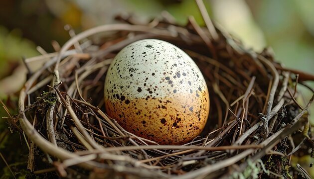 Speckled robin egg with textured shell 3D Illustration resting inside a natural woodland nest
