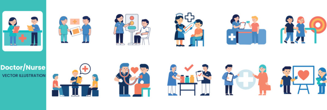 Medical vector illustration set with doctors, nurses, and patients in hospital and clinic scenes 
