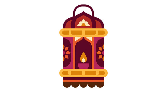 Traditional Ramadan lantern with burning candle, ornate Arabic fanous lamp illustration, Islamic holiday decoration element on white background
