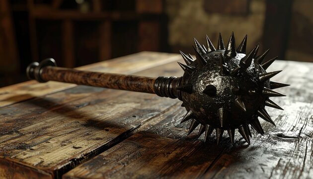 Medieval flail with spiked head 3D Illustration displayed on an aged wooden table inside a dim medieval castle armory