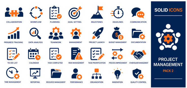 Project management icons, such as collaboration, workflow, to-do list, deadlines and more. Vector illustration. Easily changes to any color