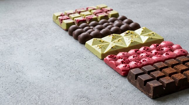 Gourmet Artisanal Chocolate Bars in Geometric Bubble and Cube Shapes with Pistachio Raspberry and Dark Cocoa Flavors on Grey Texture with Copy Space for Minimalist Commercial Food Design