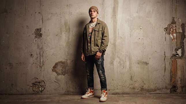 Portrait of a stylish young man in streetwear fashion standing against a textured concrete wall in an urban setting, wearing a beanie, jacket, and ripped jeans with a confident expression