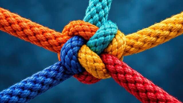 Intertwined colorful nylon ropes form strong knot over blue background symbolizing unity strength and teamwork.