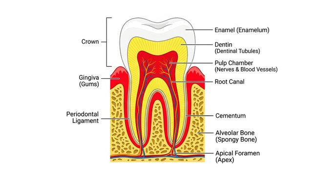 Human tooth anatomy cross section labeled dental diagram