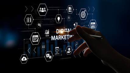 Obraz premium Creative digital marketing dashboard for campaign analytics and growth. Digital marketing insights, digital marketing automation, KPI, digital marketing performance for business strategy. Corpus