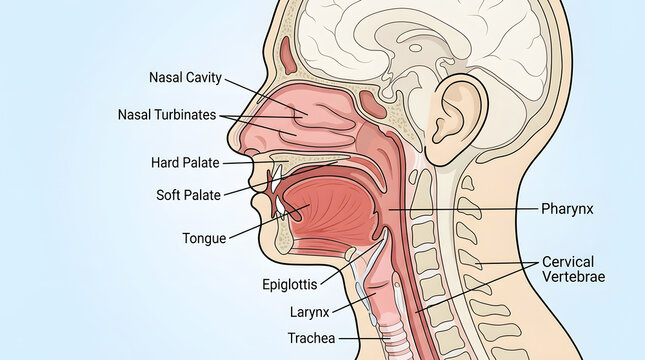 Human upper airway anatomy sagittal medical illustration