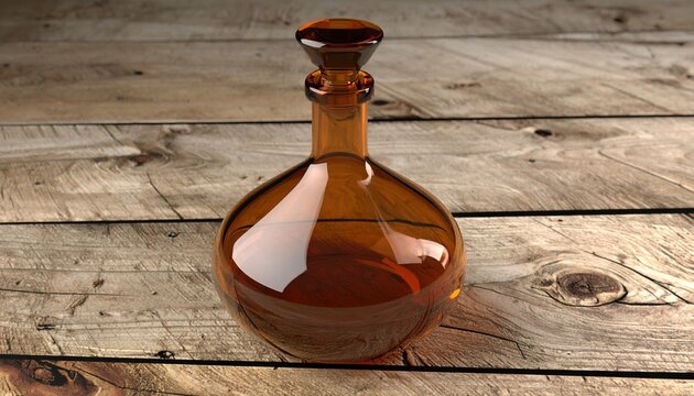 Amber glass decanter with stopper 3D Illustration on a vintage wooden table