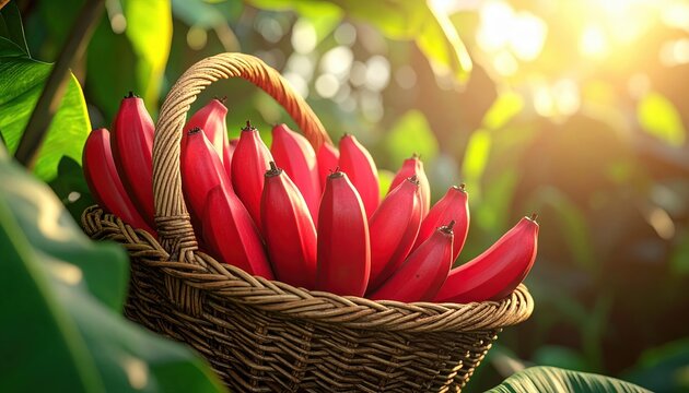 Red bananas arranged in a tropical fruit basket beside green leaves, 3D Illustration, vibrant colors, warm sunlight.