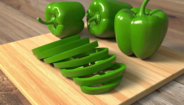 Fresh green bell pepper slices arranged diagonally beside whole peppers on a kitchen cutting board, 3D Illustration.
