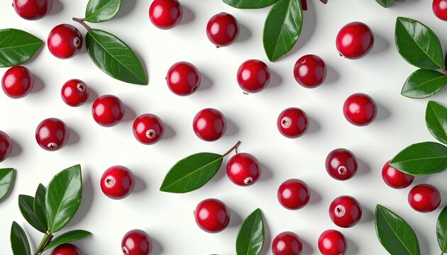 Cranberries with green leaves arranged in a natural pattern 3D Illustration on a winter baking table