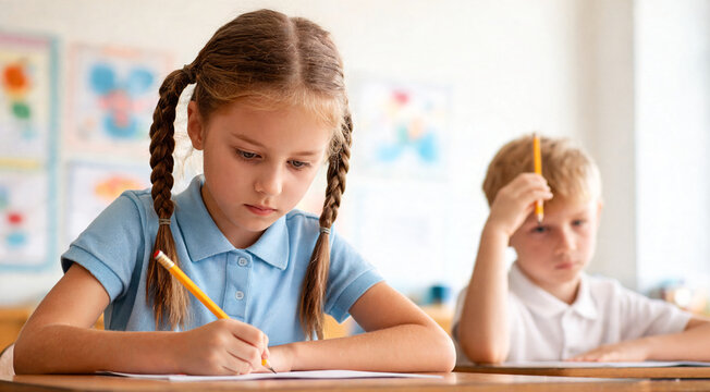 Students work on assignments in a classroom during a school day