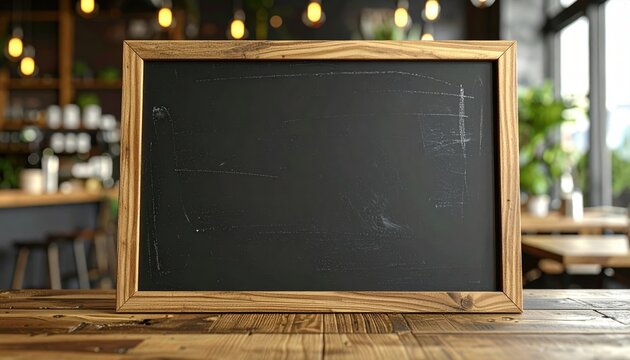 Blank black chalkboard with natural wooden frame standing in a cozy cafe interior, 3D Illustration, warm ambient lighting.
