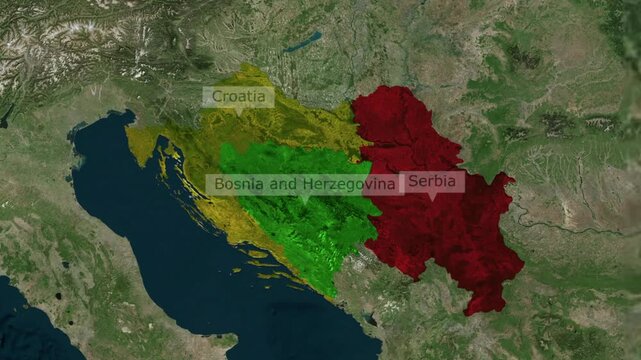 Map of croatia bosnia and herzegovina and serbia highlighting national borders with geography