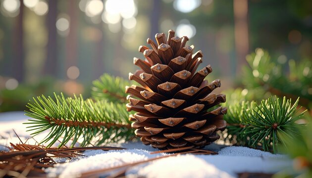 Cedar pine cone, 3D Illustration, resting among evergreen branches on a rustic winter forest floor.